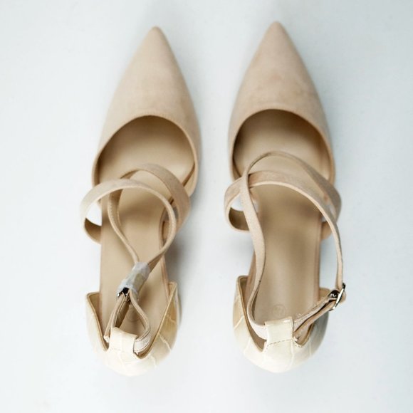 Eileency Chunky Heel Pointed Toe Nude Cross Strap Pumps - Picture 7 of 7